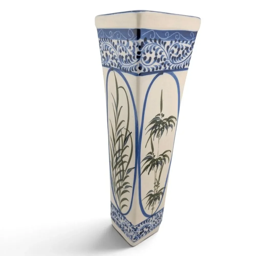 Tall Square Ceramic Vase Blue White Asian Style Bamboo Botanical 11 1/8